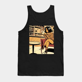 Woman drinking coffee in warm living room. Minimalist lineart Tank Top